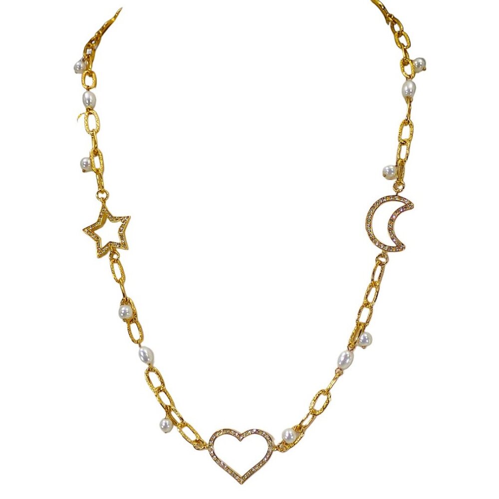Crystal charm gold link necklace with heart moon star clover teardrop charms